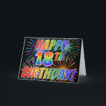 Rainbow Mönster "LYCKLIG 18TH BIRTHDAY!"   Firewor Kort<br><div class="desc">Framsidan av detta spännande, öga-infångande och pulserande hälsningskortet har ett färgstarkt berömmande fyrverkerier inspirerat mönster, tillsammans med meddelandet "LYCKLIG 18:e BIRTHDAY!" med en flerfärgad regnbågsinspirerad övertoning mönster, på en svart färgad. Insidan innehåller ett anpassade hälsning-meddelande, eller så kan det kanske avmarkeras och lämnas tomt om det är önskvärt att i...</div>