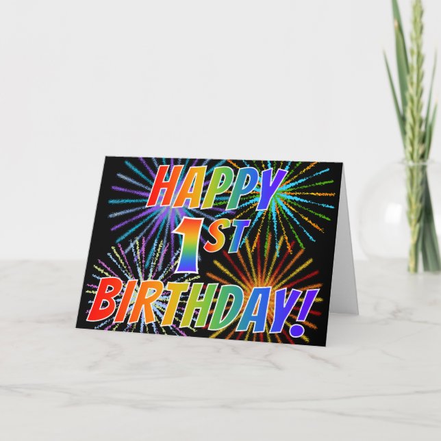 Rainbow Mönster "LYCKLIG 1ST BIRTHDAY!" + Firework Kort (Framsida)