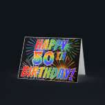 Rainbow Mönster "LYCKLIG 50TH BIRTHDAY!"   Firewor Kort<br><div class="desc">Framsidan av detta spännande, roligt- och öga-gratulationskort har ett färgstarkt berömmande fyrverkerier som inspirerat mönster, tillsammans med meddelandet "LYCKLIG 50:E BIRTHDAY!" med en flerfärgad regnbåge som övertonande mönster, på en svart färgad. Insidan innehåller ett anpassat hälsning-meddelande, eller så kan det kanske avmarkeras och lämnas tomt om du vill skriva ett...</div>