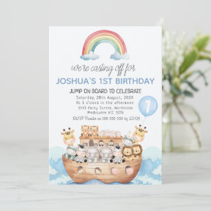 Rainbow Multicolor Noahs Ark Boys 1st Birthday Inbjudningar