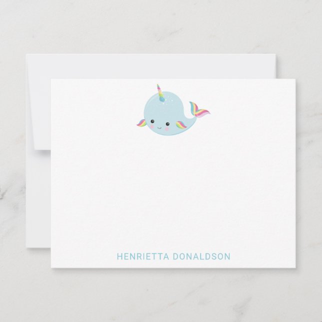 Rainbow Narwhal Kawaii Mönster Pastel Blue Namn Anteckningskort (Framsida)