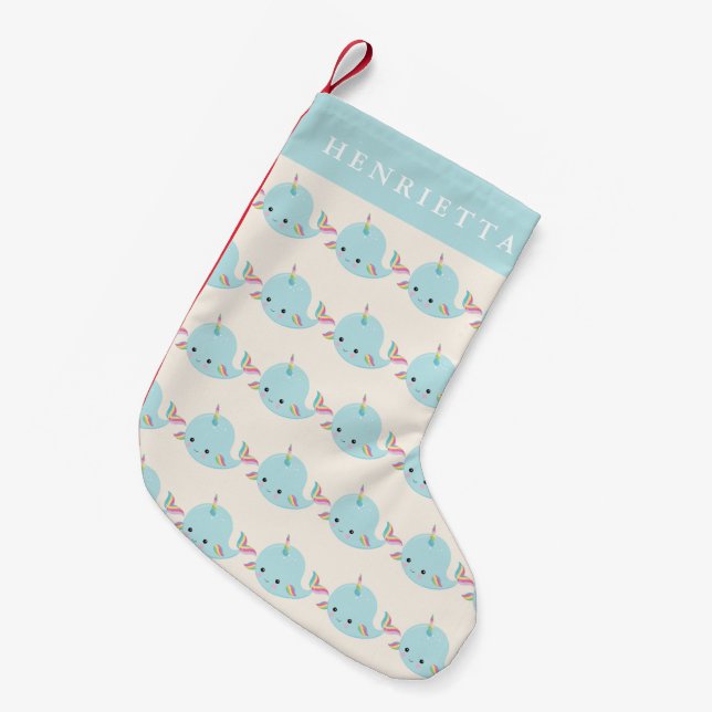 Rainbow Narwhal Kawaii Mönster Pastel Blue Namn Liten Julstrumpa (Framsidan (Hängande))
