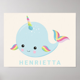 Rainbow Narwhal Kawaii Mönster Pastel Blue Namn Poster