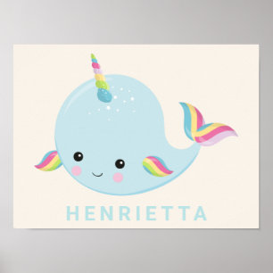 Rainbow Narwhal Kawaii Mönster Pastel Blue Namn Poster