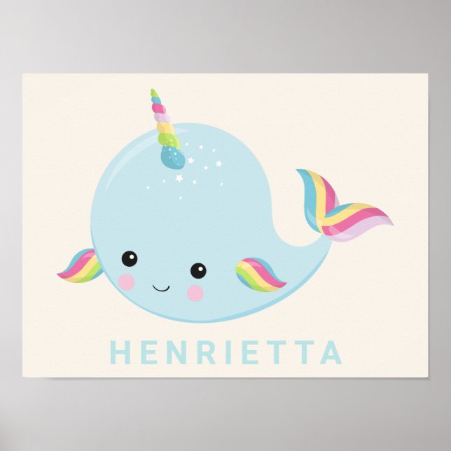 Rainbow Narwhal Kawaii Mönster Pastel Blue Namn Poster (Framsidan)