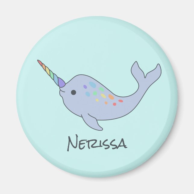 Rainbow Narwhal Namn Round Magnet (Framsidan)