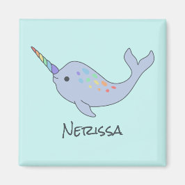 Rainbow Narwhal Namn Square Magnet