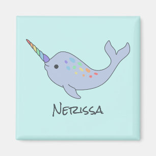 Rainbow Narwhal Namn Square Magnet