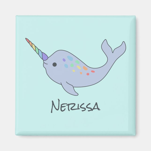 Rainbow Narwhal Namn Square Magnet (Framsidan)