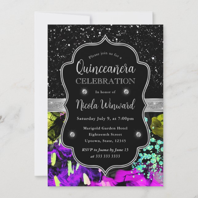 Rainbow Neon Abstrakt Glitter Quinceanera Inbjudningar (Framsida)