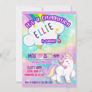 Rainbow och Unicorn Födelsedagsfest inbjudan