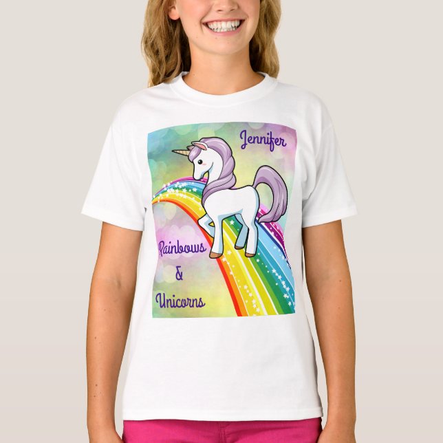 Rainbow och Unicorn T-Shirt Girls Shirt Personaliz (Framsida)