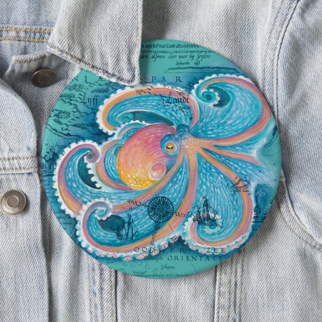 Rainbow Octopus Teal Vintage Karta Knapp (In Situ)