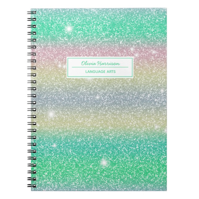 Rainbow Ombre Glitter Namn och Subjekt Anteckningsbok (Framsidan)