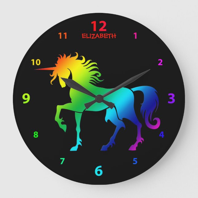 Rainbow on Black Named Unicorn Clock Stor Klocka (Framsida)