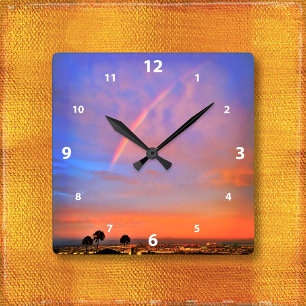 Rainbow orange blue sunset sky landscape photo fyrkantig klocka