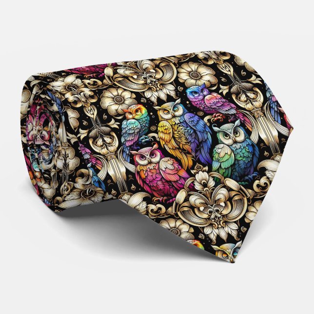Rainbow Owl Art Deco Art Nouveau Necktie Slips (Rullad)