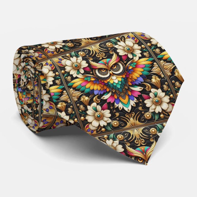 Rainbow Owl Art Deco Necktie – Black, White & Gold Slips (Rullad)