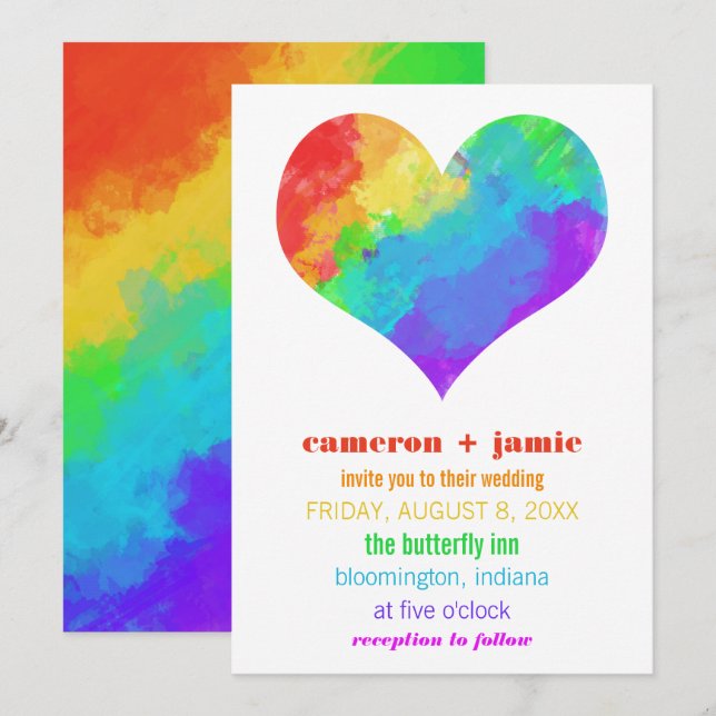 Rainbow Paint Heart Gay Lesbisk Bröllop Inbjudningar (Fram/baksida)