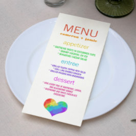 Rainbow Paint Heart Lesbisk Gay Bröllop Menu Meny