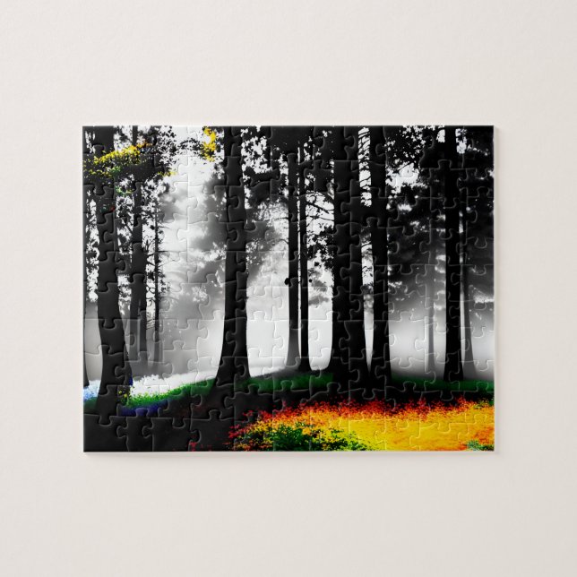 Rainbow Paint Splatter på Silhouette Forest Pussel (Horisontell)