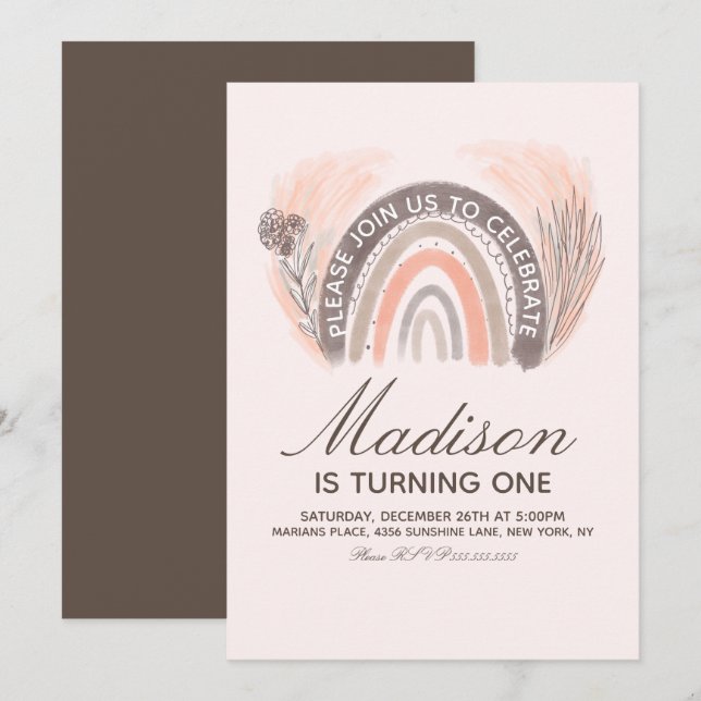 Rainbow Pampas Doodle Hand-Drawn Bohemian Birthday Inbjudningar (Fram/baksida)