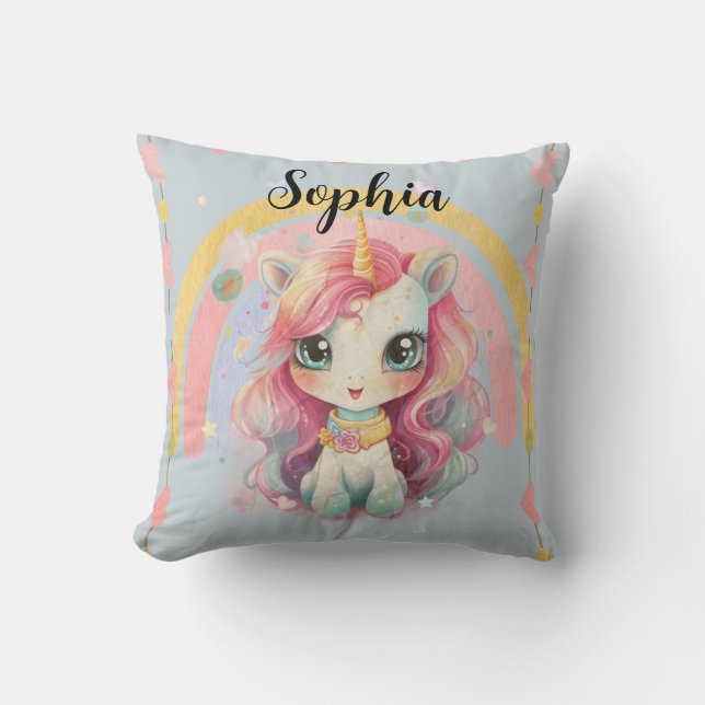 Rainbow Pastel Blue Kawaii Unicorn med Namn Kudde (Framsida)