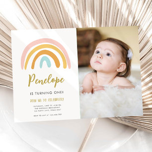 Rainbow Pastel Boho Mute Rosa Girl First Birthday Inbjudningar