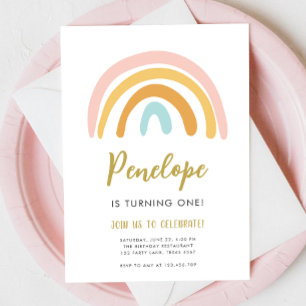 Rainbow Pastel Boho Mute Rosa Girl First Birthday Inbjudningar
