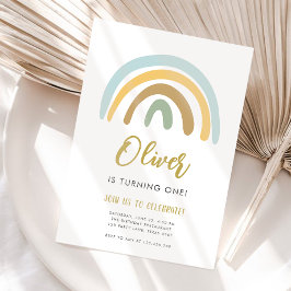 Rainbow Pastel Boho Muted Blue Boy First Birthday Inbjudningar