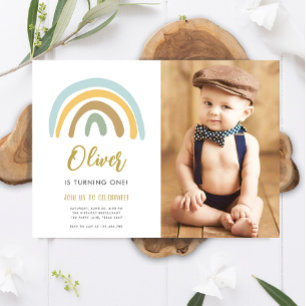 Rainbow Pastel Boho Muted Blue Boy First Birthday Inbjudningar