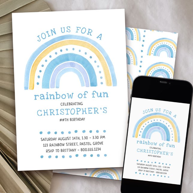 Rainbow Pastel Doodle Art Boys Birthday-inbjudan Inbjudningar (Rainbow of Fun 1st birthday invitation)