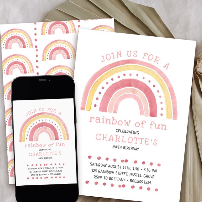Rainbow Pastel Doodle Art Girl's Birthday Inbjudningar (Rainbow of fun girls birthday invitation)