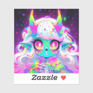 Rainbow Pastel Fantasy Skull Demon Anime Girl Klistermärken