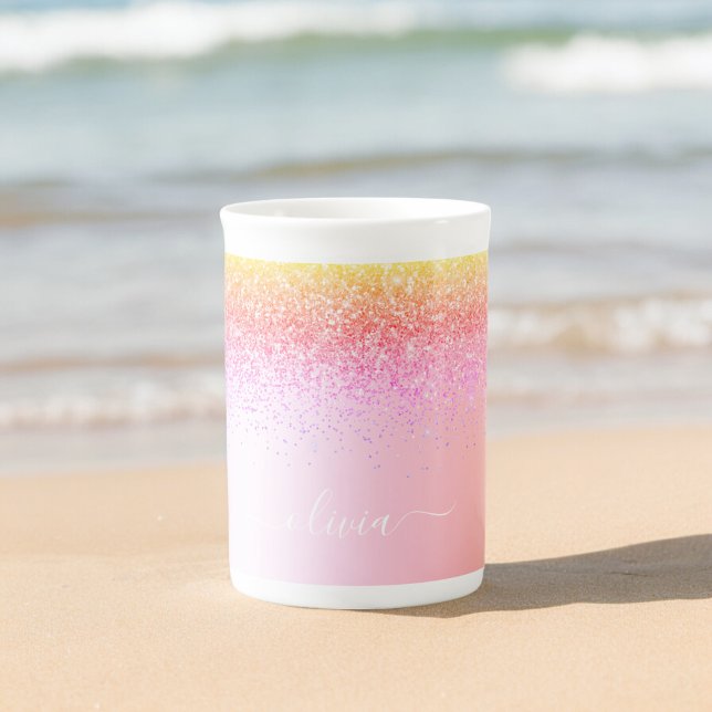 Rainbow Pastel Girly Glitter Metall Monogram Namn Benporslin Mugg (Skapare uppladdad)