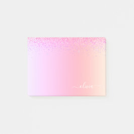 Rainbow Pastel Girly Glitter Metall Monogram Namn Post-it Block