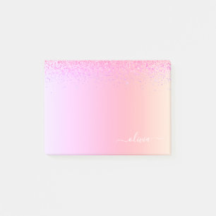 Rainbow Pastel Girly Glitter Metall Monogram Namn Post-it Block
