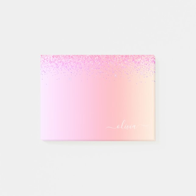 Rainbow Pastel Girly Glitter Metall Monogram Namn Post-it Block (Framsida)