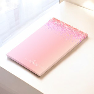 Rainbow Pastel Girly Glitter Metall Monogram Namn Post-it Block