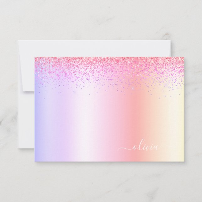 Rainbow Pastel Girly Glitter Metall Monogram Namn Tack Kort (Framsida)