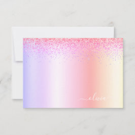 Rainbow Pastel Girly Glitter Metall Monogram Namn Tack Kort