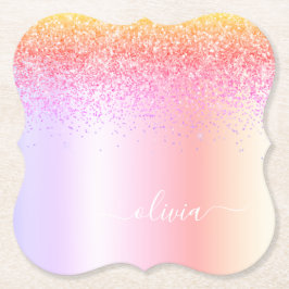 Rainbow Pastel Girly Glitter Metall Monogram Namn Underlägg Papper