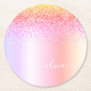 Rainbow Pastel Girly Glitter Metall Monogram Namn Underlägg Papper Rund