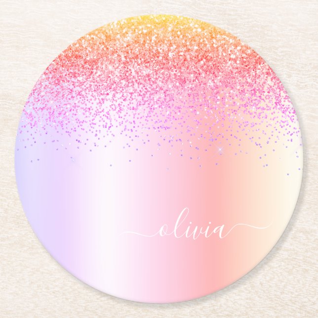 Rainbow Pastel Girly Glitter Metall Monogram Namn Underlägg Papper Rund (Framsidan)