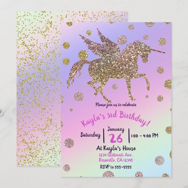 Rainbow Pastel Guld Dots Unicorn Födelsedagsfest Inbjudningar (Fram/baksida)