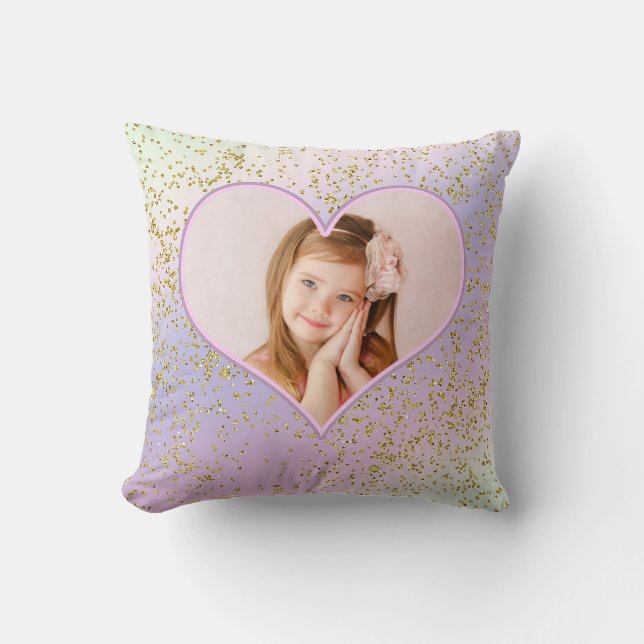 Rainbow Pastel Guld Glitter Heart Photo Bild Kudde (Framsida)