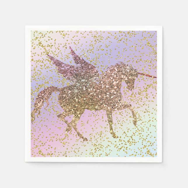 Rainbow Pastel Guld Glitter Unicorn Födelsedagsfes Pappersservett (Framsidan)