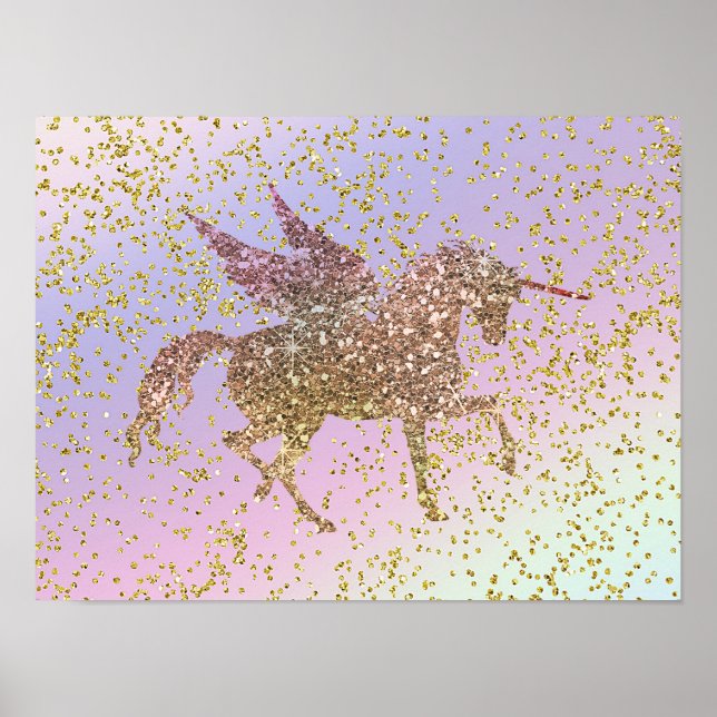 Rainbow Pastel Guld Glitter Unicorn Pegasus Horse Poster (Framsidan)
