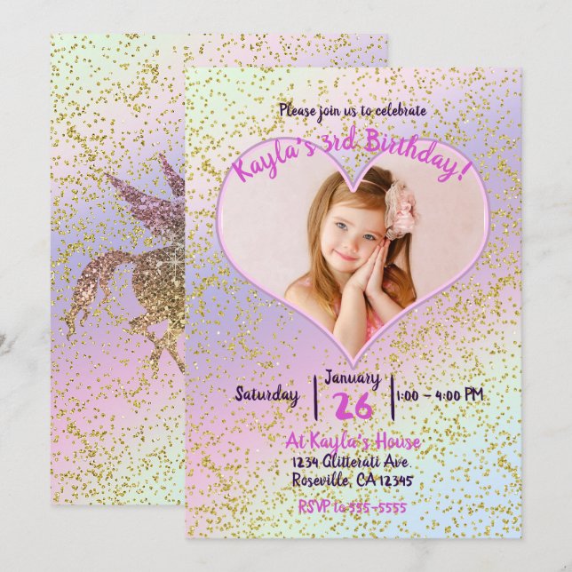 Rainbow Pastel Guld Glitter Unicorn Photo Party Inbjudningar (Fram/baksida)