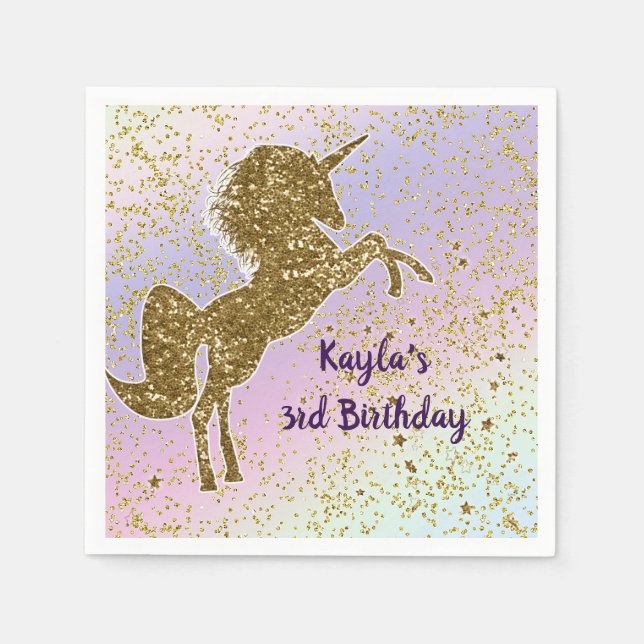 Rainbow Pastel Guld Glitter Unicorn Stars Party Pappersservett (Framsidan)